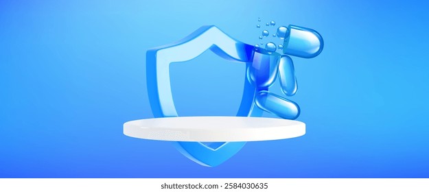 White circular podium with 3d medical elements - blue shield and glossy pills with bubbles on gradient background. Healthcare protection concept display for pharmacy or beauty cosmetic presentation.