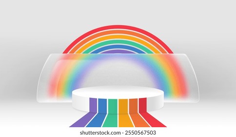 White circular podium decorated with rainbow stripes leading to vibrant arch backdrop with decorative glass shape. Pride themed platform with rainbow colors. Modern display setup with colorful decor.