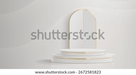 White circular podium with gold trim edges and arch backdrop on minimal gray wall - elegant product display platform for luxury cosmetics or premium goods presentation. Modern geometric stage design.