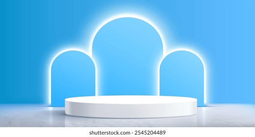 Pódio circular branco sobre fundo arqueado azul luminoso com bordas brilhantes. Plataforma minimalista do palco da exposição na superfície brilhante do chão de mármore. Configuração moderna para apresentações de produtos premium.