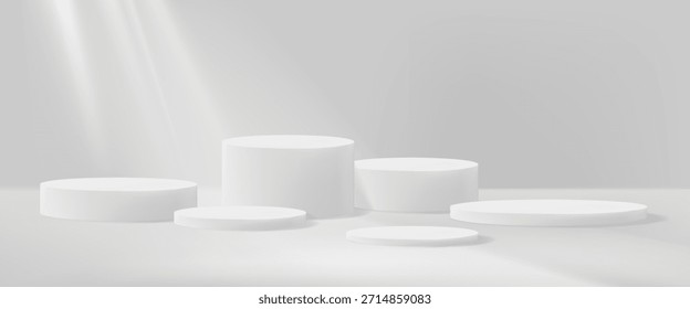 Podios circulares blancos de varias alturas colocados sobre un fondo gris suave con vigas de luz, estilo mínimo, concepto de exhibición del producto. Ilustración vectorial