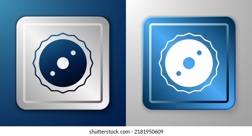 White Circular saw blade icon isolated on blue and grey background. Saw wheel. Silver and blue square button. Vector