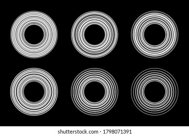 White Circular striped line frame set. Circle lines isolated on the black background. Logo design element. Round border using stripes texture. Vector emblem.