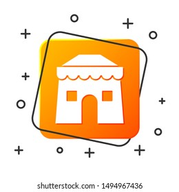 White Circus tent icon isolated on white background. Carnival camping tent. Amusement park. Orange square button. Vector Illustration