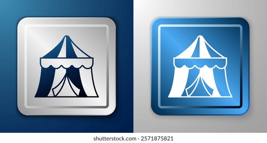 White Circus tent icon isolated on blue and grey background. Carnival camping tent. Amusement park. Silver and blue square button. Vector