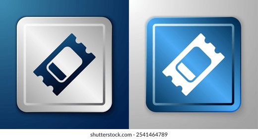 White Circus ticket icon isolated on blue and grey background. Amusement park. Silver and blue square button. Vector