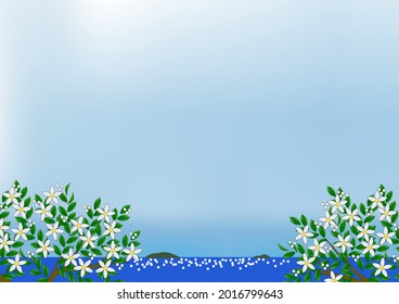 White citrus blossoms and blue sea and islands