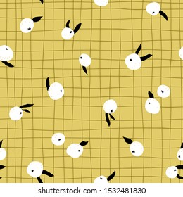 White citrus scandinavian pattern on green background. Hand drawn grid. Vector seamless pattern in simple modern style. Ideal for printing textiles, etc