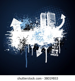 White city buildings and dark blue graffiti grunge design