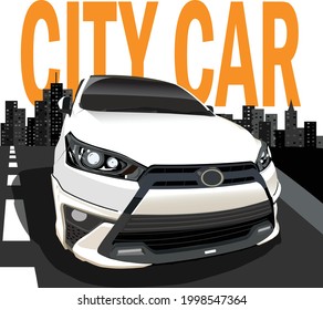 Auto de la ciudad blanca aislado con fondo de ciudad. Vector EPS 10