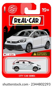 White City Car in Red Packaging. Design of a Japanese City Car Series, Presented in the Form of Toy Boxes with Realistic Car Details. Perfect for Collectors, T-shirt design and Your Phone Wallpaper. 