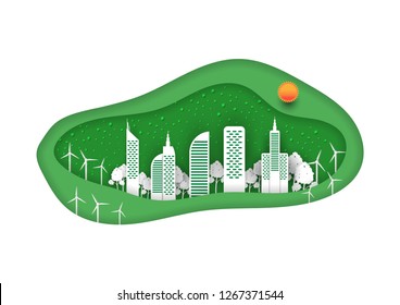 White city in paper art design, Eco city concept design.