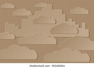White City in the Sky among the Clouds Cardboard Cut Illusion Illustration - Brown Paper Elements on Similar Color Background - Realistic Gradient Graphic