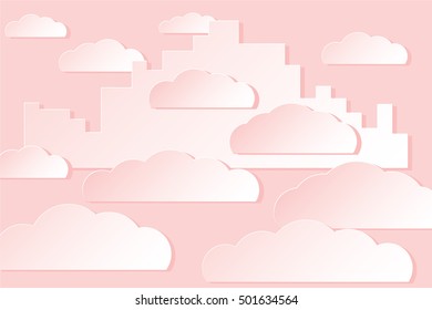 White City in the Sky among the Clouds Paper Cut Illusion Illustration - Red Elements on Similar Color Background - Realistic Gradient Graphic