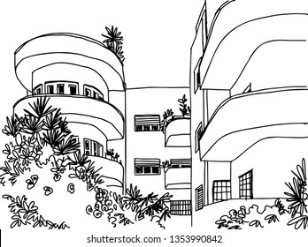 White city Tel Aviv, romantic urban landscape, bauhaus style. Ink line sketch. Hand drawing. Vector illustration on white background.