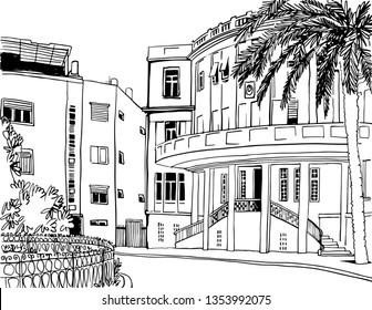 White city Tel Aviv, romantic old square, retro style. Ink line urban sketch. Hand drawing. Vector illustration on white background.