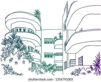 White city Tel Aviv, romantic urban landscape, bauhaus style. Colorful ink line sketch. Hand drawing. Vector illustration on white background