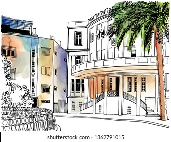 White city Tel Aviv, romantic old square, retro style. Ink line urban sketch. Hand drawing. Vector illustration on white background.