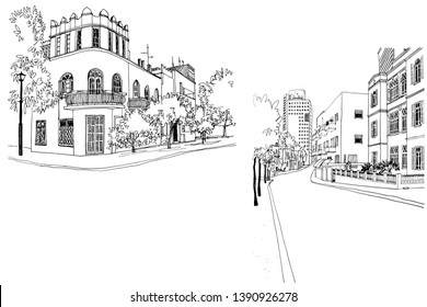 White city Tel Aviv, romantic urban landscape, bauhaus style. Ink line sketch. Hand drawing. Vector illustration on white background.	