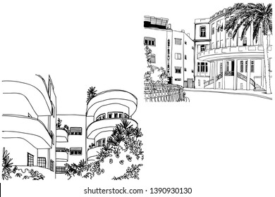 White city Tel Aviv, romantic urban landscape, bauhaus style. Modern Tel Aviv. Ink line sketch. Hand drawing. Vector illustration on white background.	