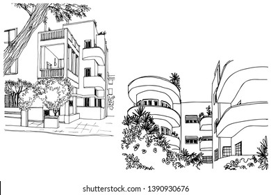 White city Tel Aviv, romantic urban landscape, bauhaus style. Modern Tel Aviv. Ink line sketch. Hand drawing. Vector illustration on white background.	