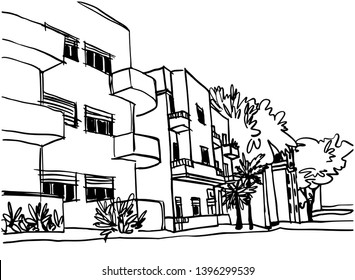 Ciudad blanca Tel Aviv, romántico paisaje urbano, estilo bauhaus. Dibujo de la línea manuscrita. Dibujo manual. Ilustración vectorial sobre fondo blanco.