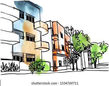 White city Tel Aviv, romantic urban landscape, bauhaus style. Ink line sketch. Hand drawing. Vector illustration on watercolor background.