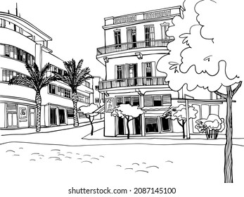 Ciudad blanca Tel Aviv, romántico paisaje urbano, bauhaus style. Vieja calle en Tel Aviv, Israel. Esbozo de línea de tinta. Dibujo manual. Ilustración vectorial sobre fondo blanco.