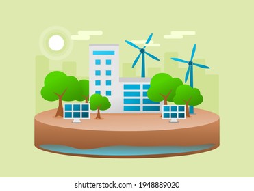 White city with wind turbines and solar cell panel or photovoltaic to generate electricity and green forest tree flat icon vector. concept alternative energy and city environment friendly.