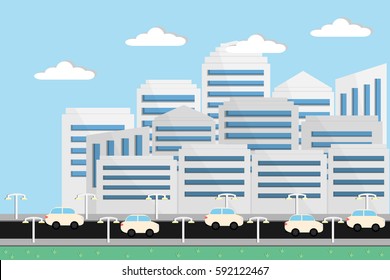 white cityscape with car on the road and lamp post side the street with blue sky and white cloud.vector and illustration