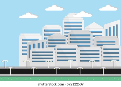 white cityscape and lamp post side the street with blue sky and white cloud.vector and illustration