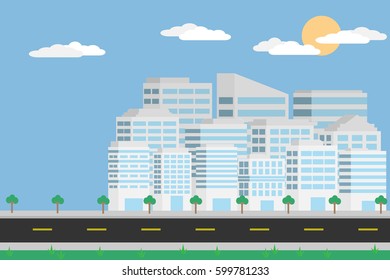 white cityscape and tree on side street with cloud and sun on blue sky.vector and illustration