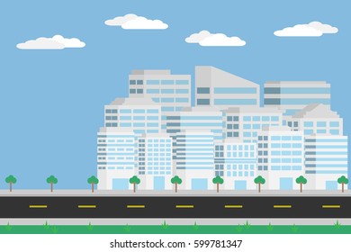white cityscape and tree on side street with cloud on blue sky.vector and illustration