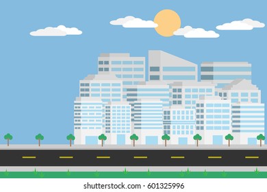 white cityscape with tree on side road with blue sky and sun.vector and illustration