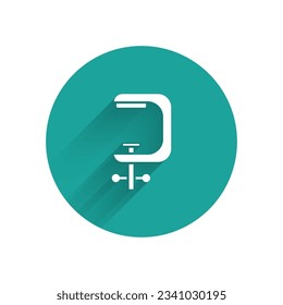 White Clamp and screw tool icon isolated with long shadow. Locksmith tool. Green circle button. Vector Illustration