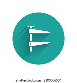 White Clamp tool icon isolated with long shadow. Locksmith tool. Green circle button. Vector Illustration