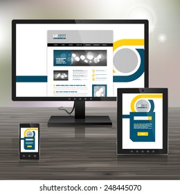 White classic application template design for corporate identity with blue and yellow geometric elements. Stationery set