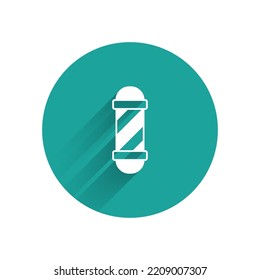 White Classic Barber shop pole icon isolated with long shadow background. Barbershop pole symbol. Green circle button. Vector