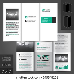 White classic brochure template design with green and black square elements. Cover layout
