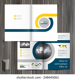 White classic brochure template design with blue and yellow geometric elements. Cover layout