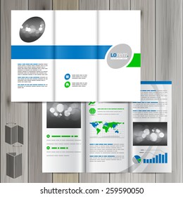 White classic brochure template design with green and blue lines. Cover layout