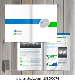 White classic brochure template design with green and blue lines. Cover layout