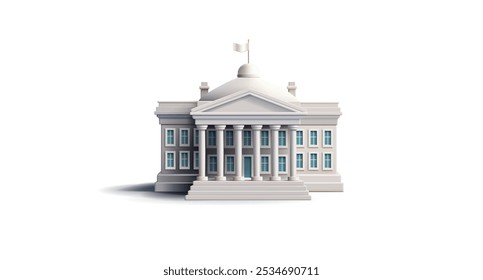 White classic building with columns, 3D. The building of a court, university, state institution, bank, public institution. The realistic image on a white background. Vector