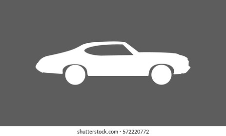 white classic car icon heading right direction viewed from side on flat dark grey rectangle background in 16:9 wide screen ratio