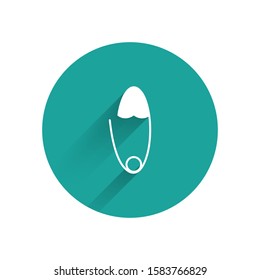White Classic closed steel safety pin icon isolated with long shadow. Green circle button. Vector Illustration