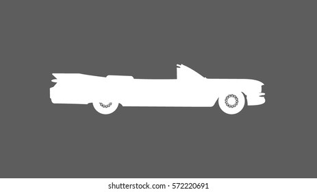 white classic convertible car icon heading right direction viewed from side on flat dark grey rectangle background in 16:9 wide screen ratio