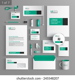 White classic corporate identity template design with green and black square elements. Business stationery