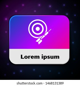 White Classic dart board and arrow icon isolated on black background. Dartboard sign. Game concept. Rectangle color button. Vector Illustration