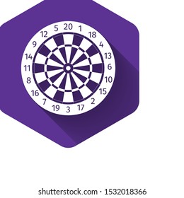 White Classic darts board with twenty black and white sectors icon isolated with long shadow. Dart board sign. Dartboard sign. Game concept. Purple hexagon button. Vector Illustration