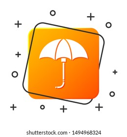 White Classic elegant opened umbrella icon isolated on white background. Rain protection symbol. Orange square button. Vector Illustration